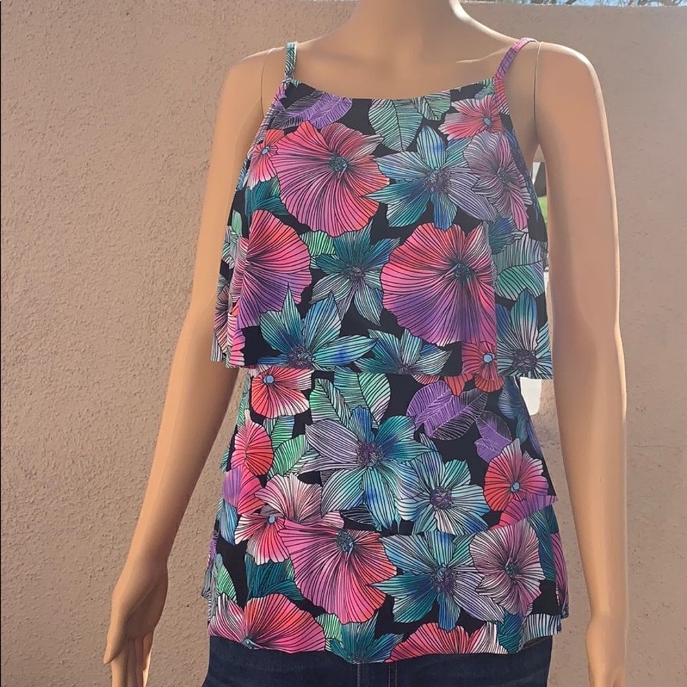 American Beach Women Tankini Swim Top Spaghetti Strap Silky Floral Ruffles New